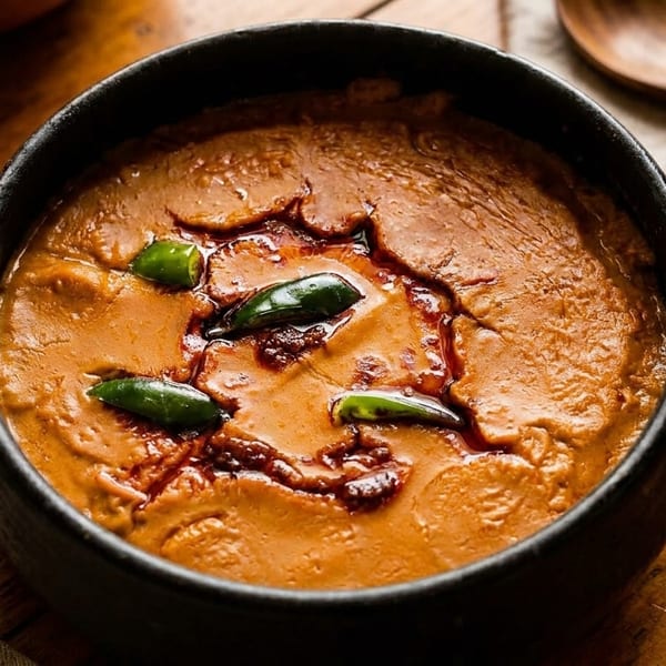 A black bowl of orange-brown curry with green chili peppers and red oil on a wooden table.
