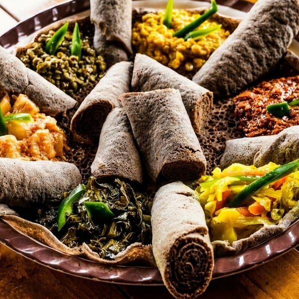 A large platter of Ethiopian injera bread with various colorful stews and vegetables on a wooden table.