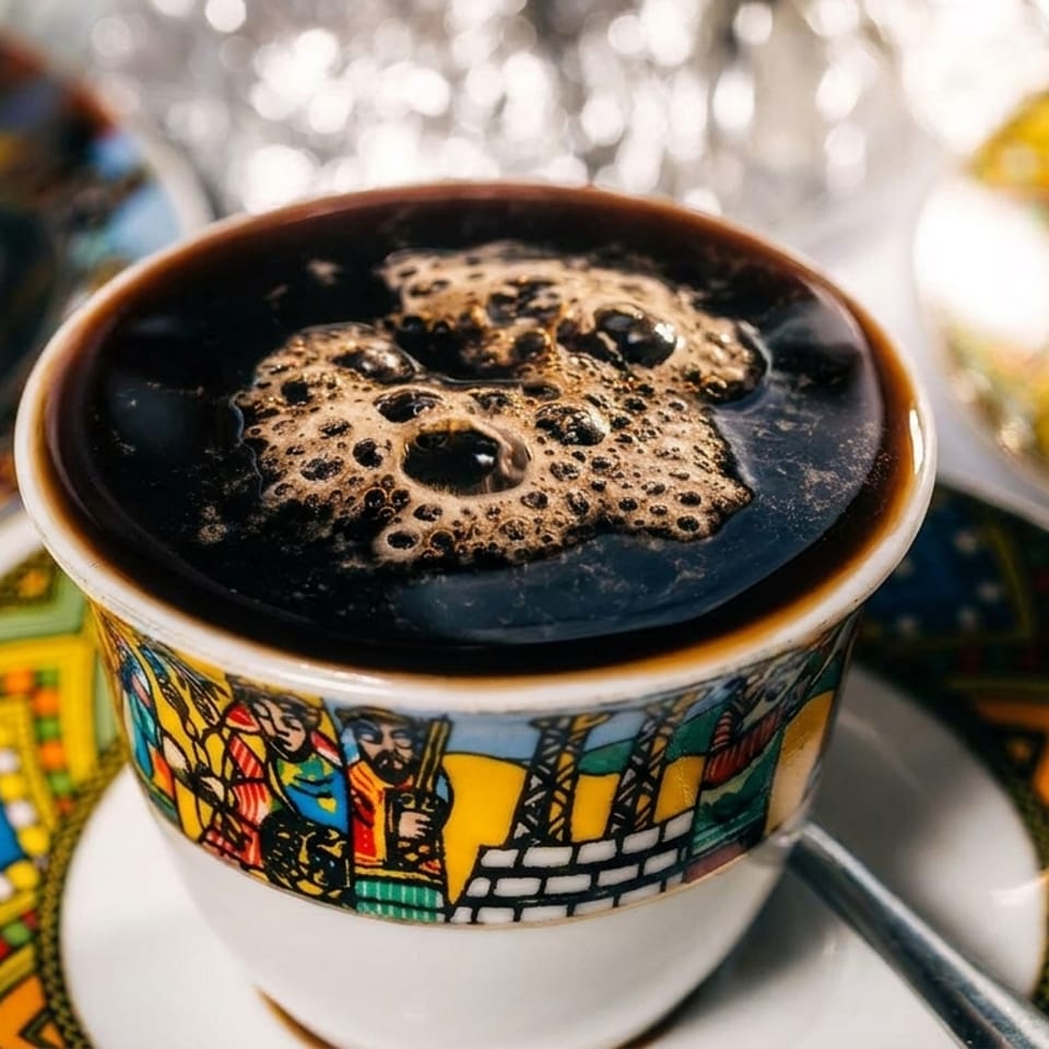 Close-up of a cup of dark coffee with foam, in a colorful, patterned cup and saucer.