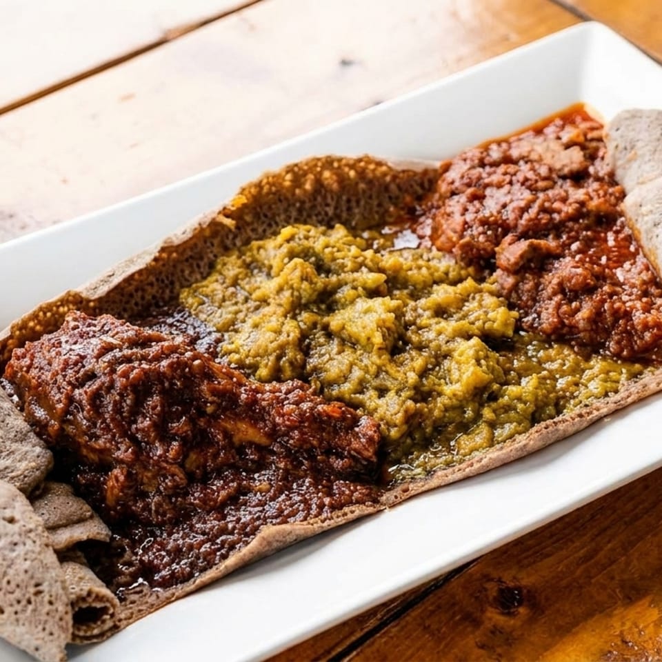 Ethiopian injera bread with three different stews, including red and green varieties, on a white platter.