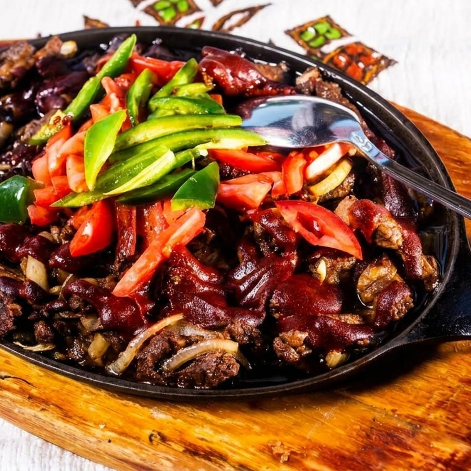 Sizzling beef fajitas with red and green peppers, tomatoes, and onions in a cast iron skillet.